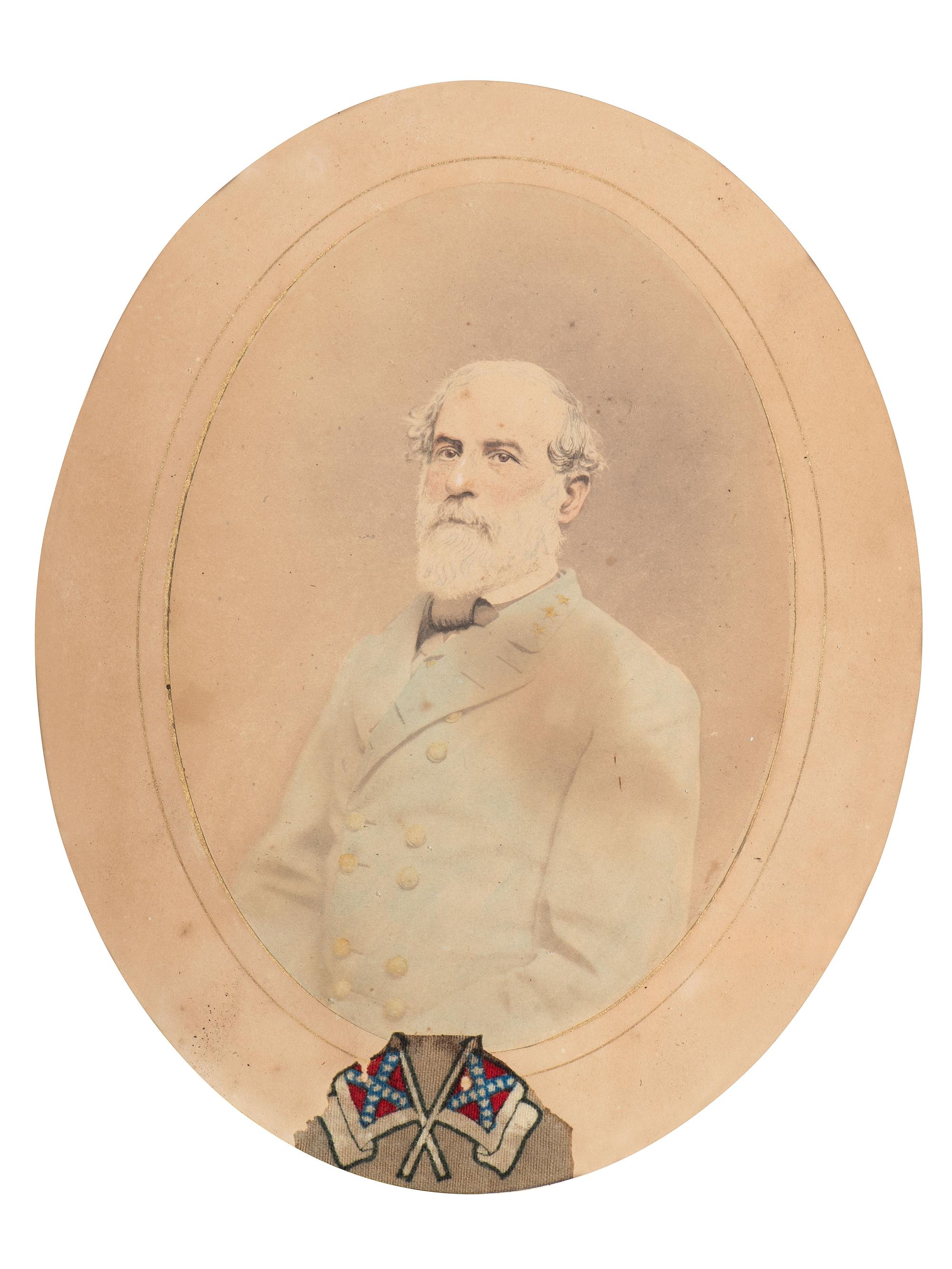 [LEE, Robert E. (1807-1870)]. Albumen photograph of Robert E. Lee with fabric identified as piece of General Lee's uniform.