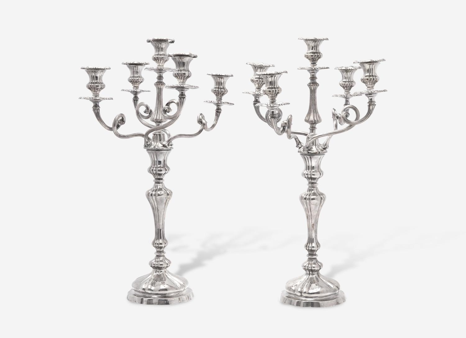 A Pair of Elkington and Co. Silver-Plate Five-Light Candelabra
