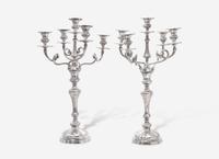 A Pair of Elkington and Co. Silver-Plate Five-Light Candelabra