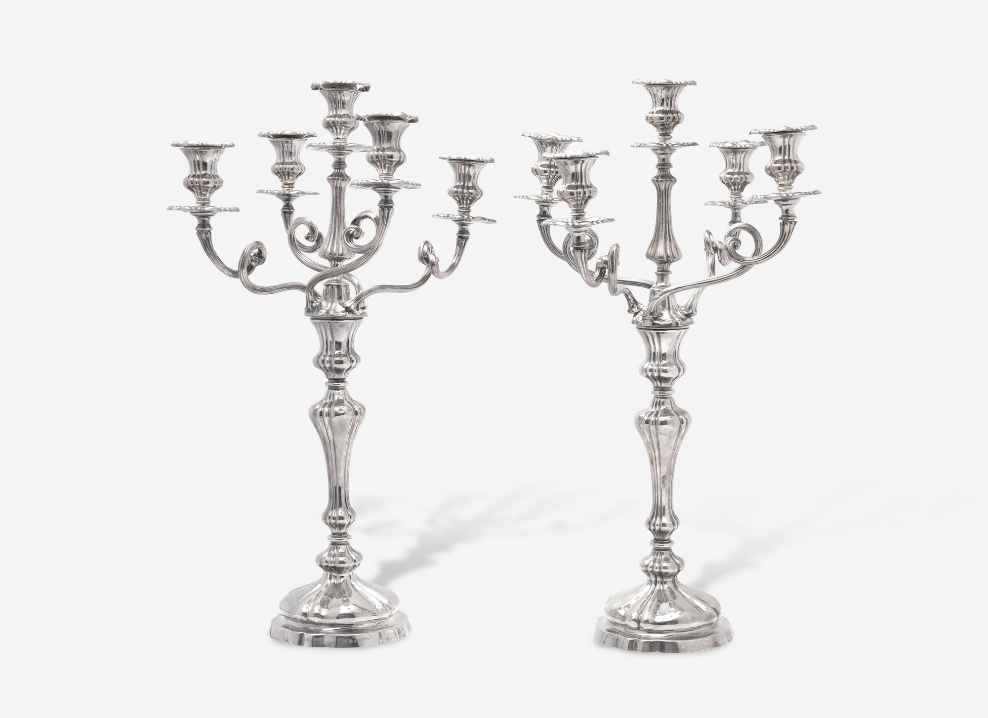 A Pair of Elkington and Co. Silver-Plate Five-Light Candelabra