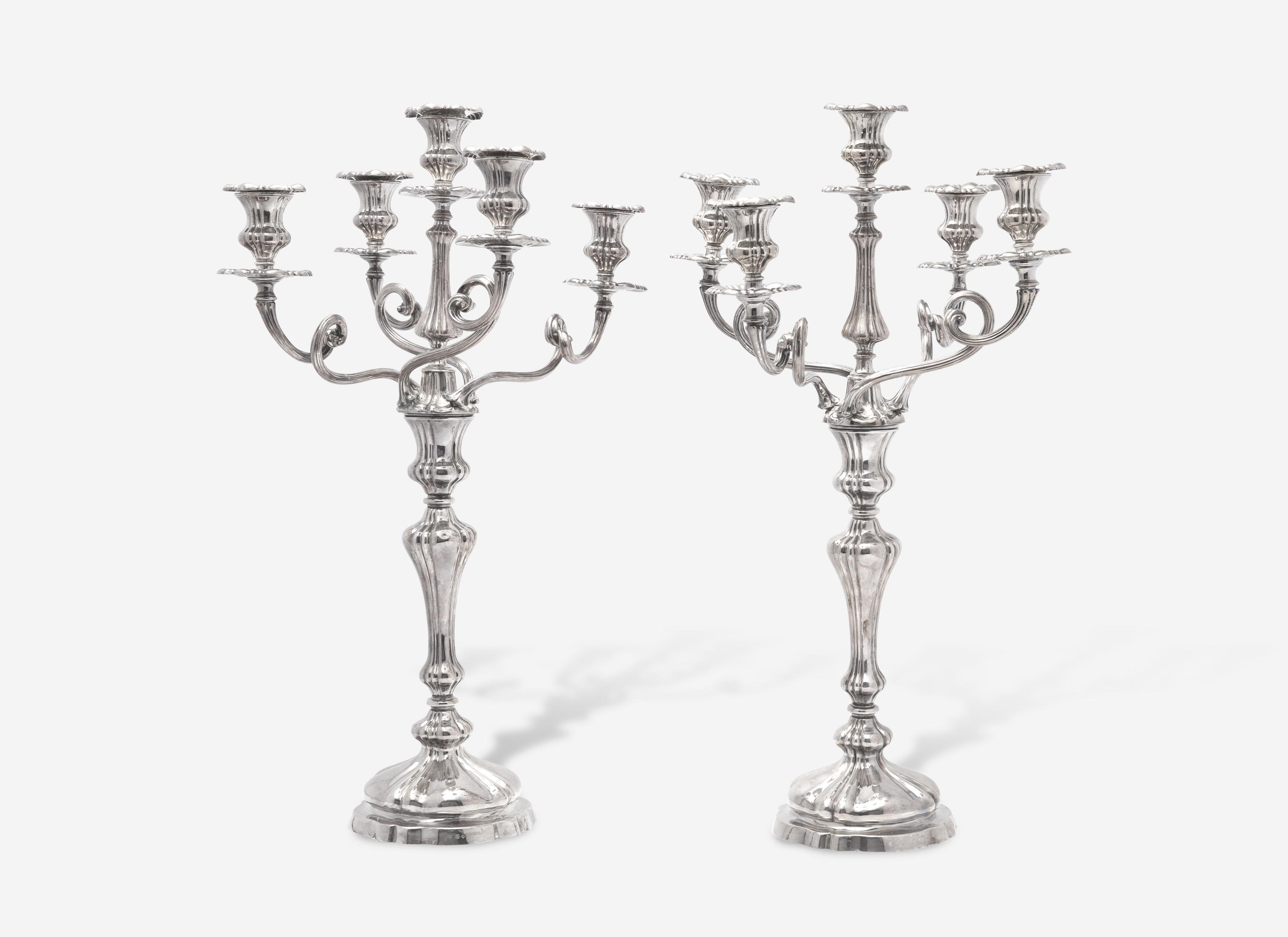 A Pair of Elkington and Co. Silver-Plate Five-Light Candelabra