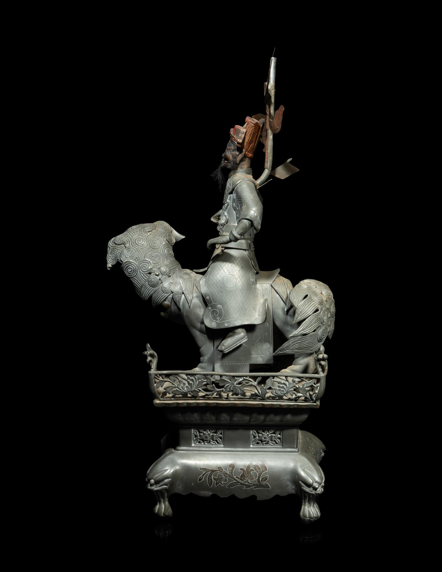 A Chinese Pewter Figural Group of Guan Gong