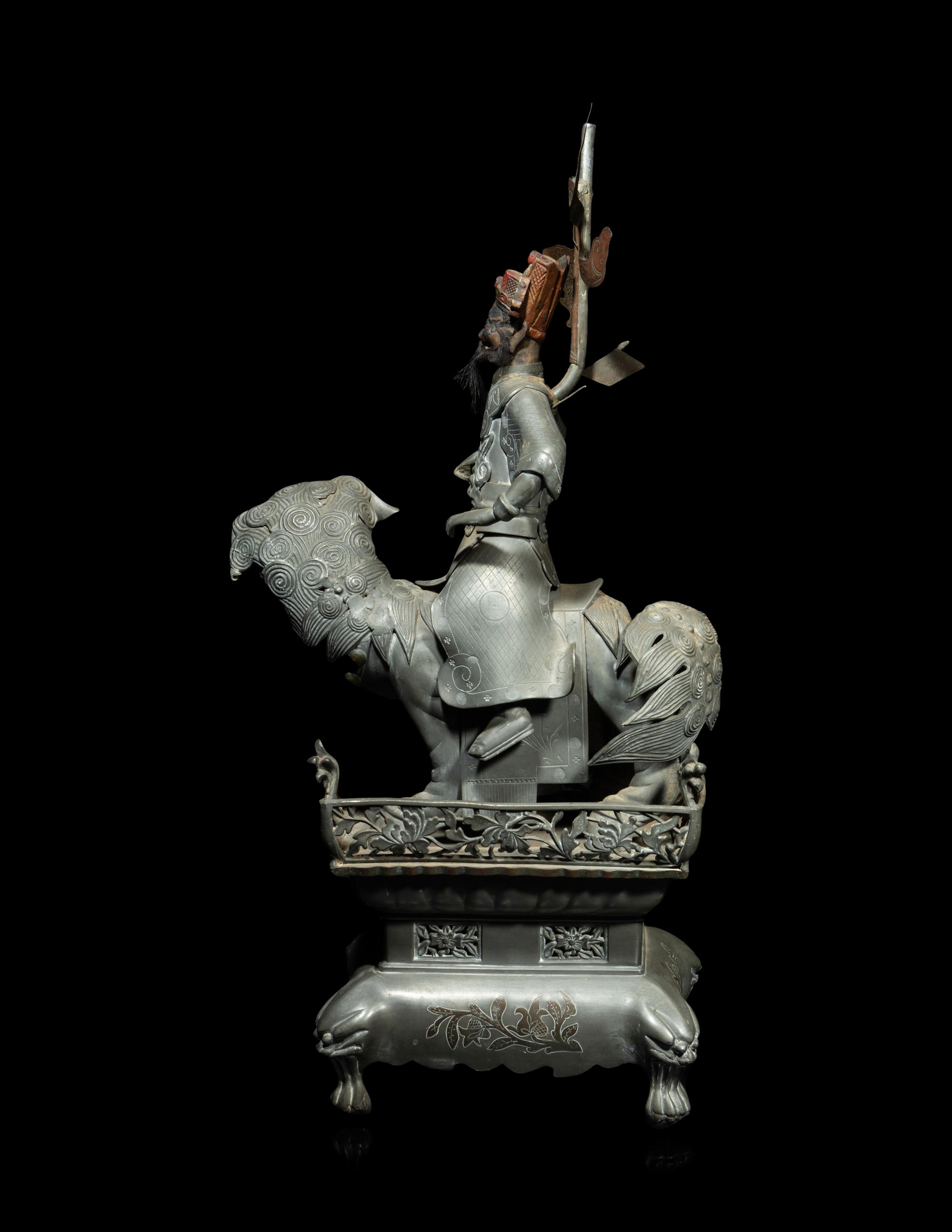 A Chinese Pewter Figural Group of Guan Gong