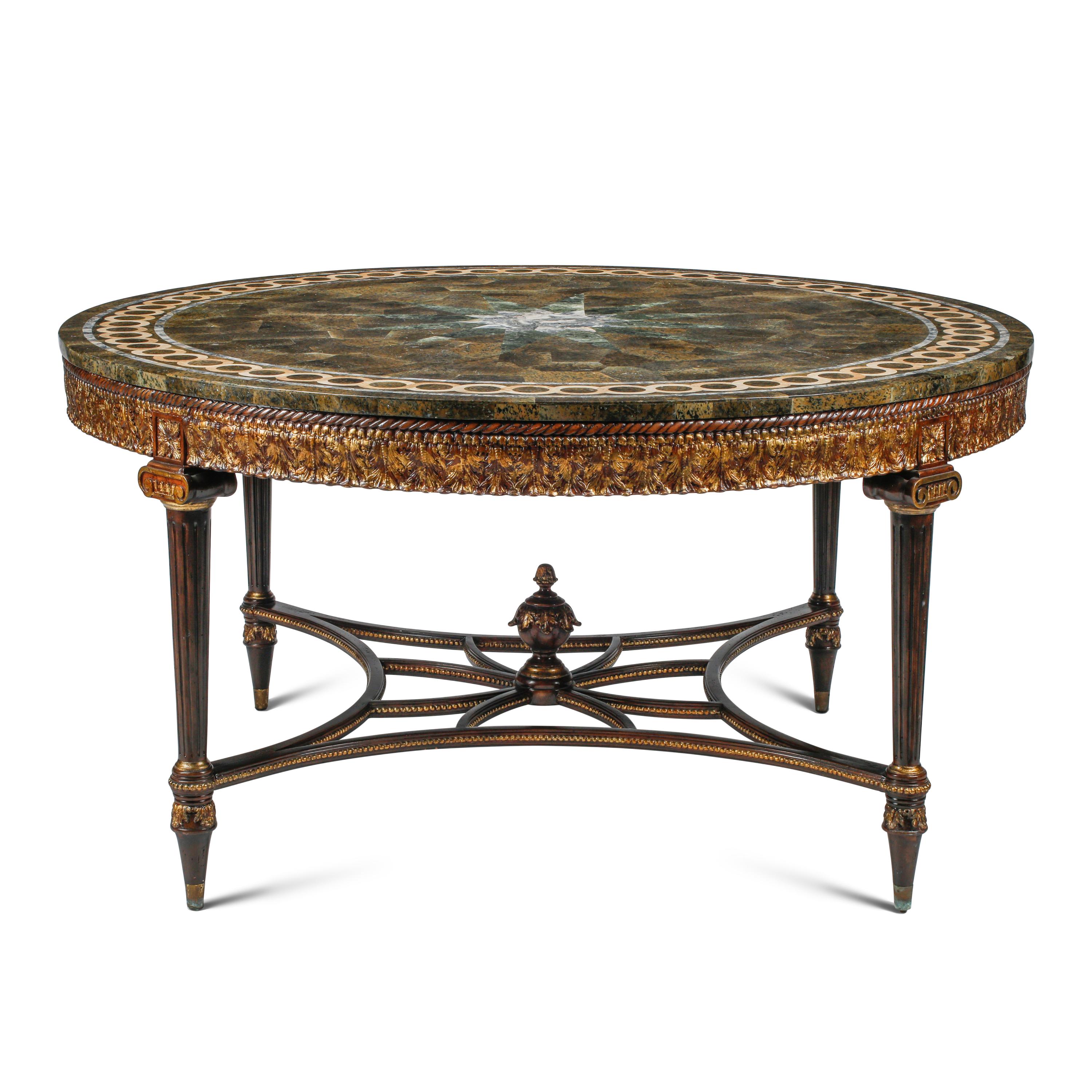 A Louis XVI Style Parcel Gilt Mahogany and Specimen Marble-Top Center Table