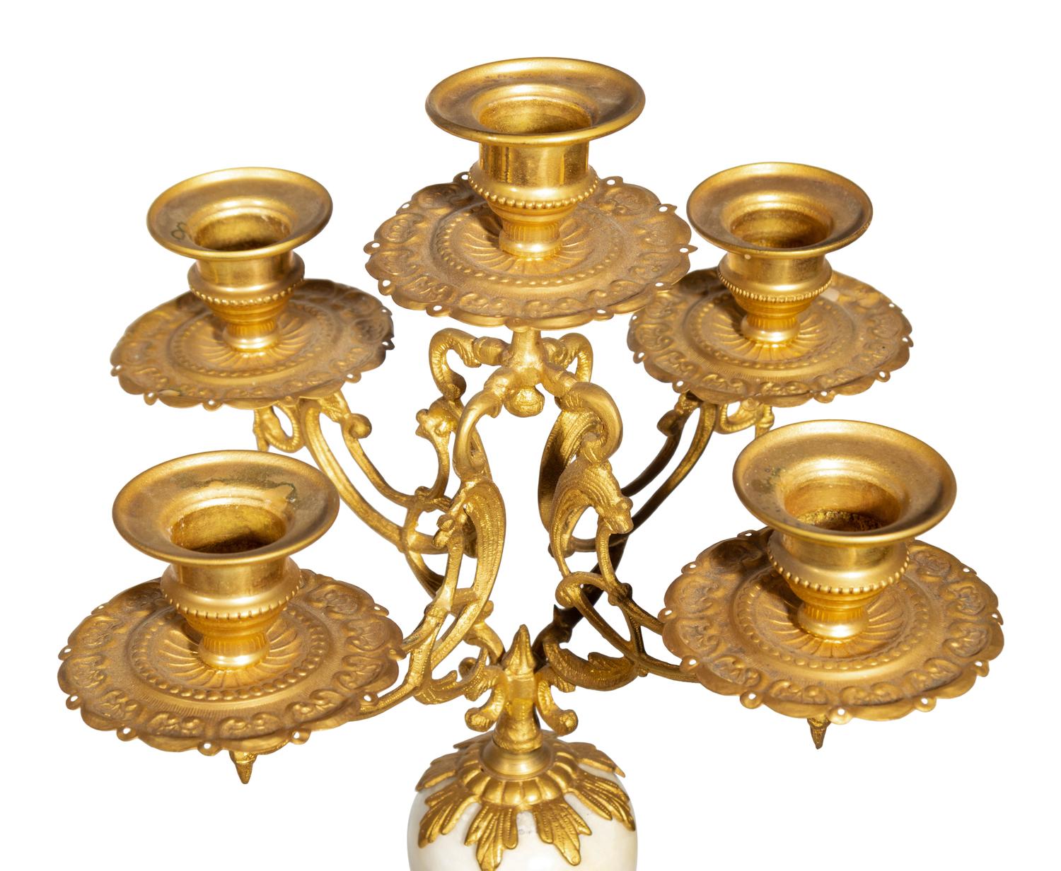 A Pair of Continental Gilt Bronze and Marble Five-Light Candelabra