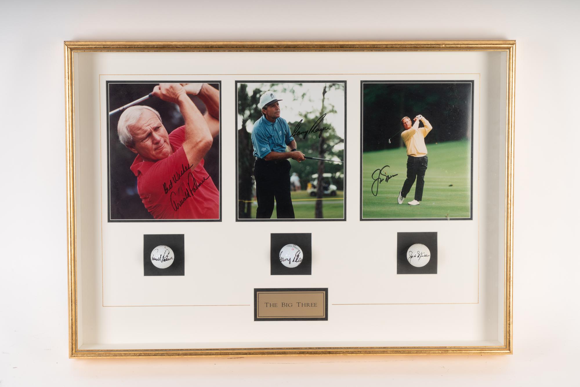 A Jack Nicklaus, Arnold Palmer and Gary Player "Big Three" Signed Autograph Golf Ball and Photograph Shadowbox Display,
