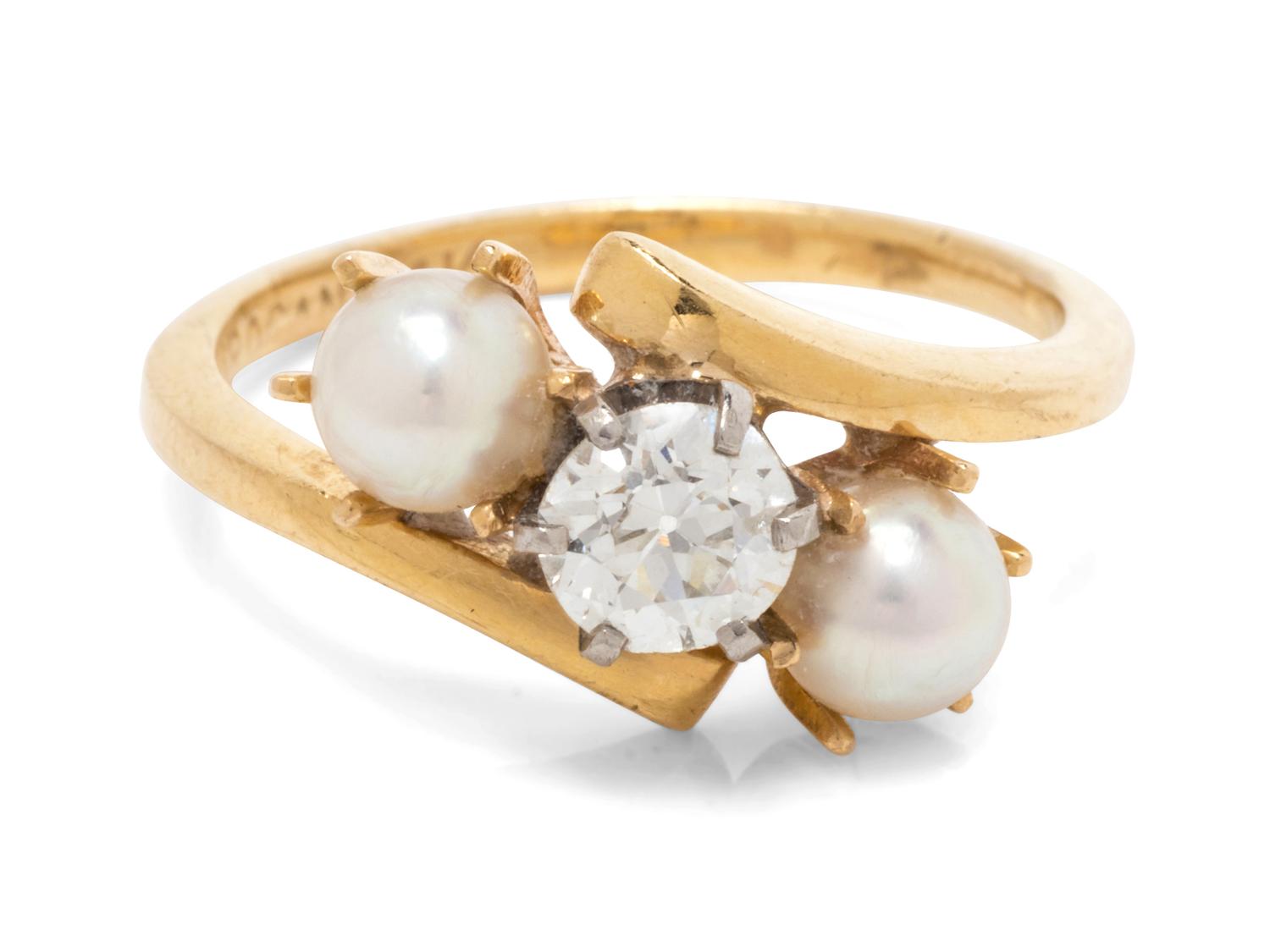 A 14 Karat Yellow Gold, Diamond and Cultured Pearl Ring,