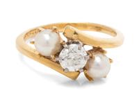 A 14 Karat Yellow Gold, Diamond and Cultured Pearl Ring,