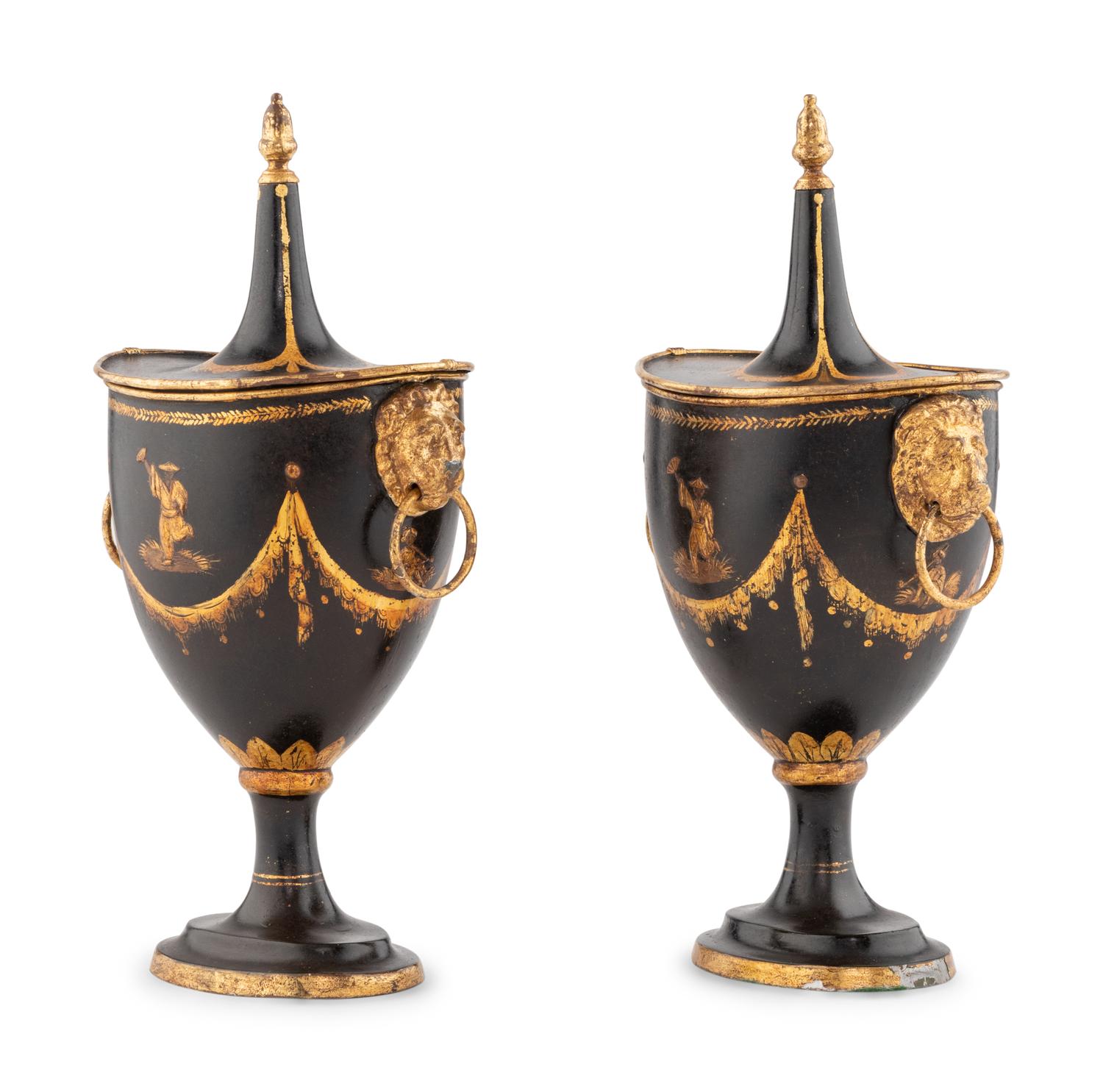 A Pair of Regency Tole Piente Urns