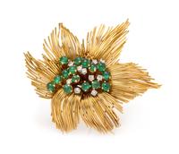 An 18 Karat Yellow Gold, Emerald and Diamond Brooch, French, 20.10 dwts.
