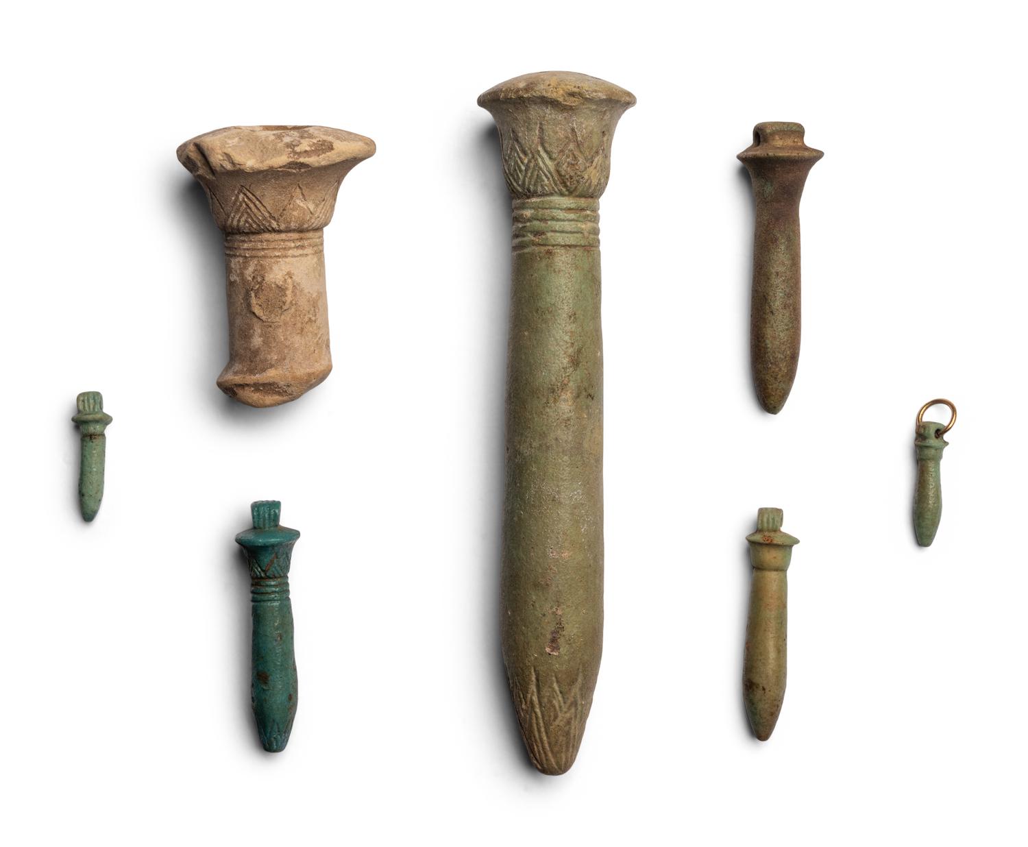 Seven Egyptian Faience Wadj Amulets and Fragments