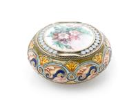 A Russian Enameled Silver and Porcelain Snuff Box, Mark of Pavel Ovichinnikov, Moscow, late 19th/early 20th century, of circular form,