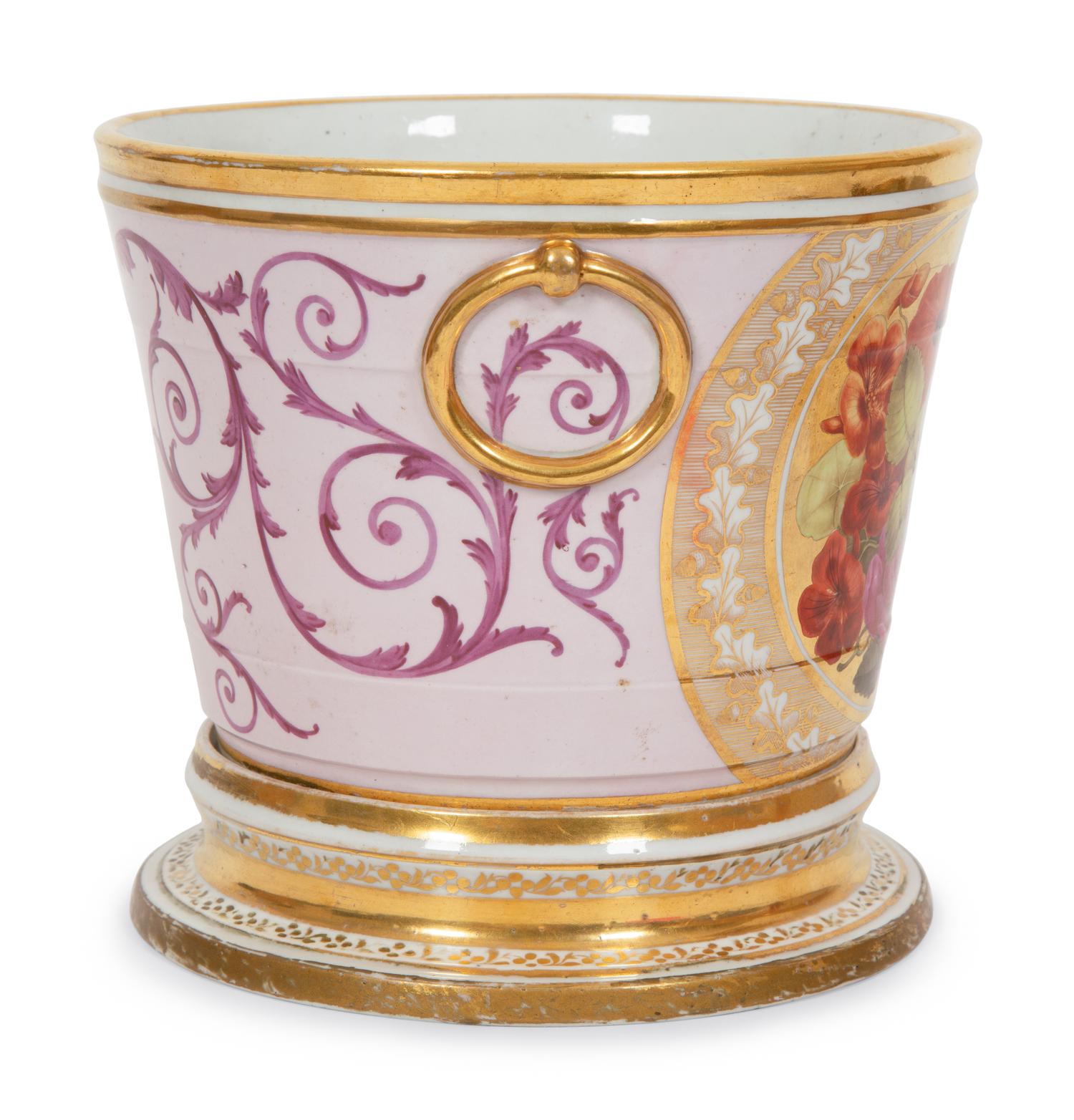 An English Painted and Parcel Gilt Porcelain Cache Pot and Stand