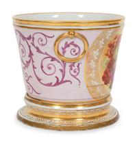 An English Painted and Parcel Gilt Porcelain Cache Pot and Stand