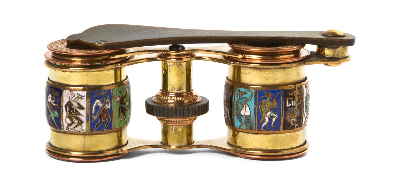 A Pair of French Champleve Decorated Opera Glasses, Brevet, Width 3 7/8 inches.