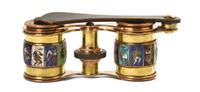 A Pair of French Champleve Decorated Opera Glasses, Brevet, Width 3 7/8 inches.