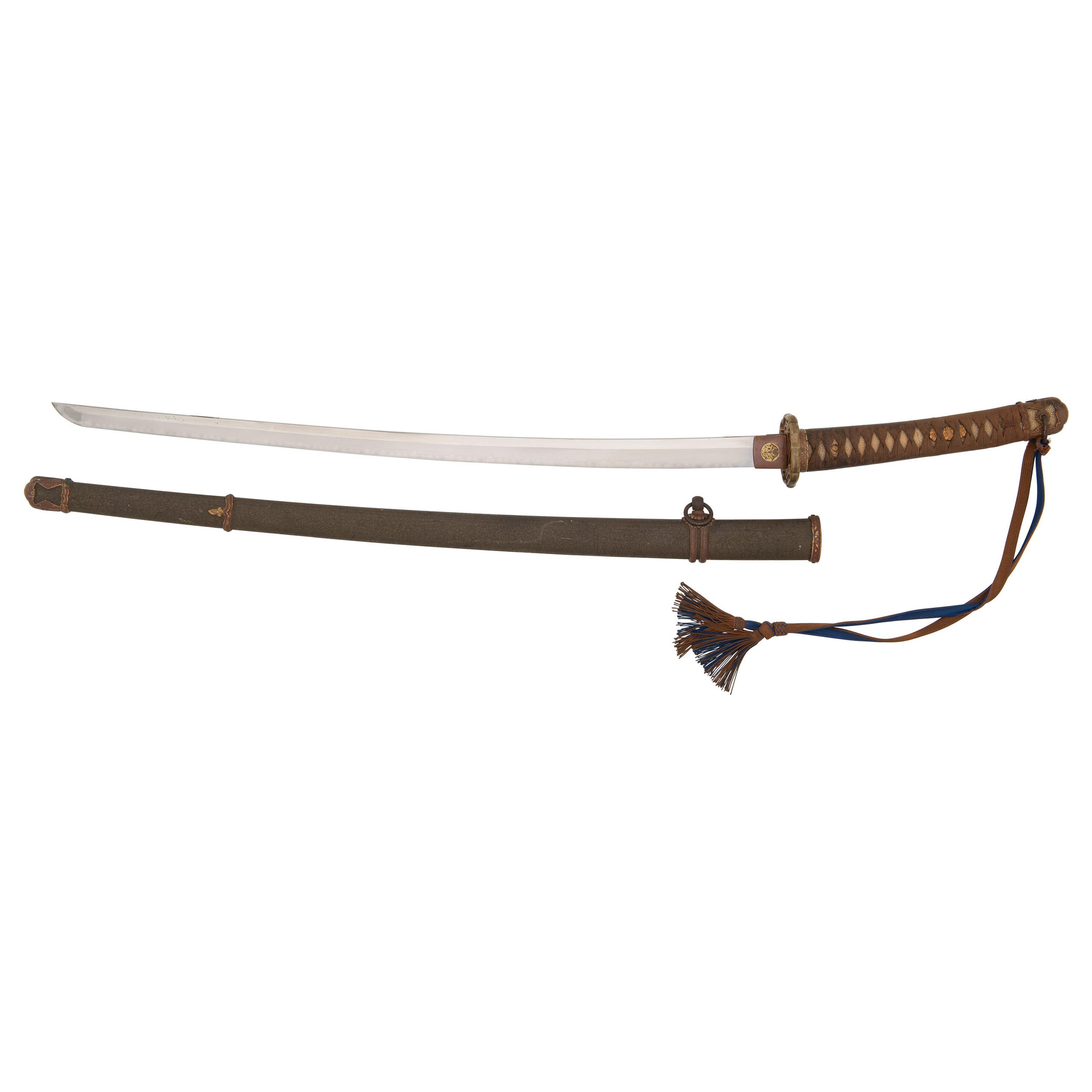 Signed WWII Japanese Shin Gunto with Officer's Sageo and Family Mons to Both Habaki and Kashira