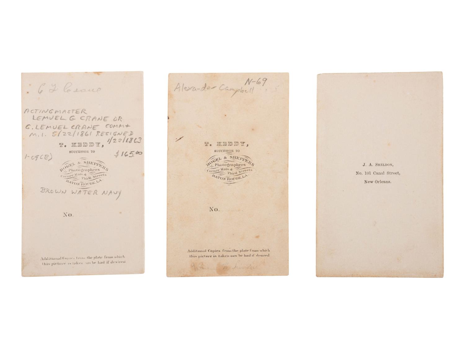 [CIVIL WAR]. A group of 3 CDVs of Brown Water Navy officers, incl. Lemuel G. Crane, Alexander C. Campbell, and D.C. Woods.