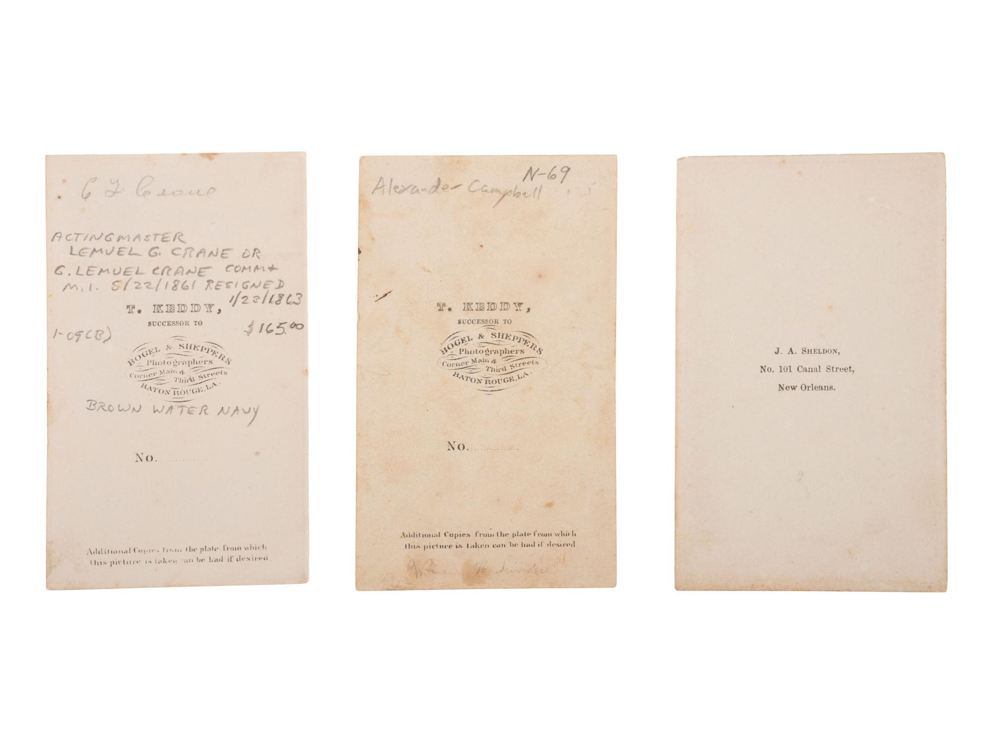 [CIVIL WAR]. A group of 3 CDVs of Brown Water Navy officers, incl. Lemuel G. Crane, Alexander C. Campbell, and D.C. Woods.