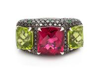 An 18 Karat White Gold, Pink Tourmaline, Peridot, Black Diamond and Tsavorite Garnet Ring, 11.25 dwts.