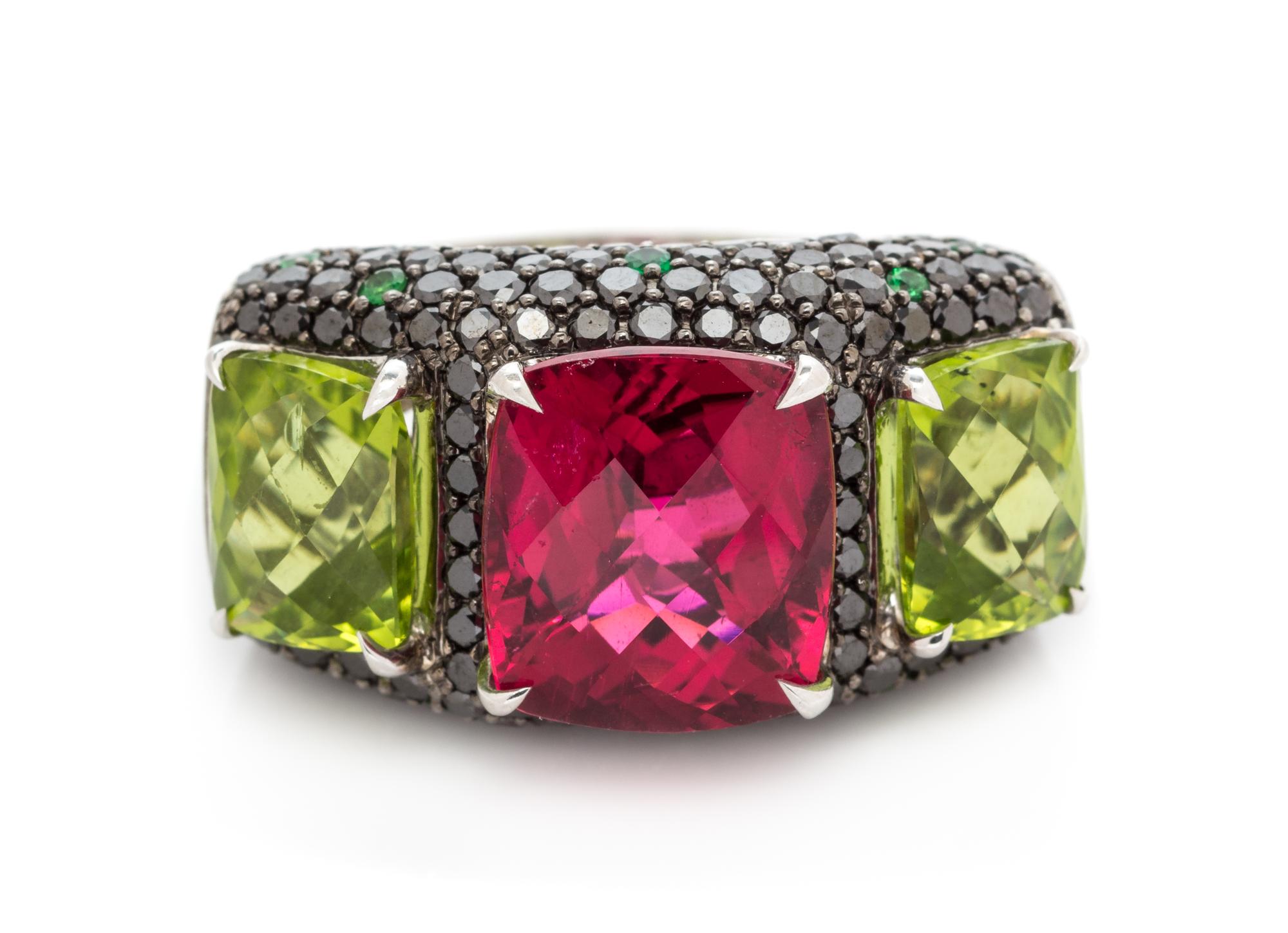 An 18 Karat White Gold, Pink Tourmaline, Peridot, Black Diamond and Tsavorite Garnet Ring, 11.25 dwts.