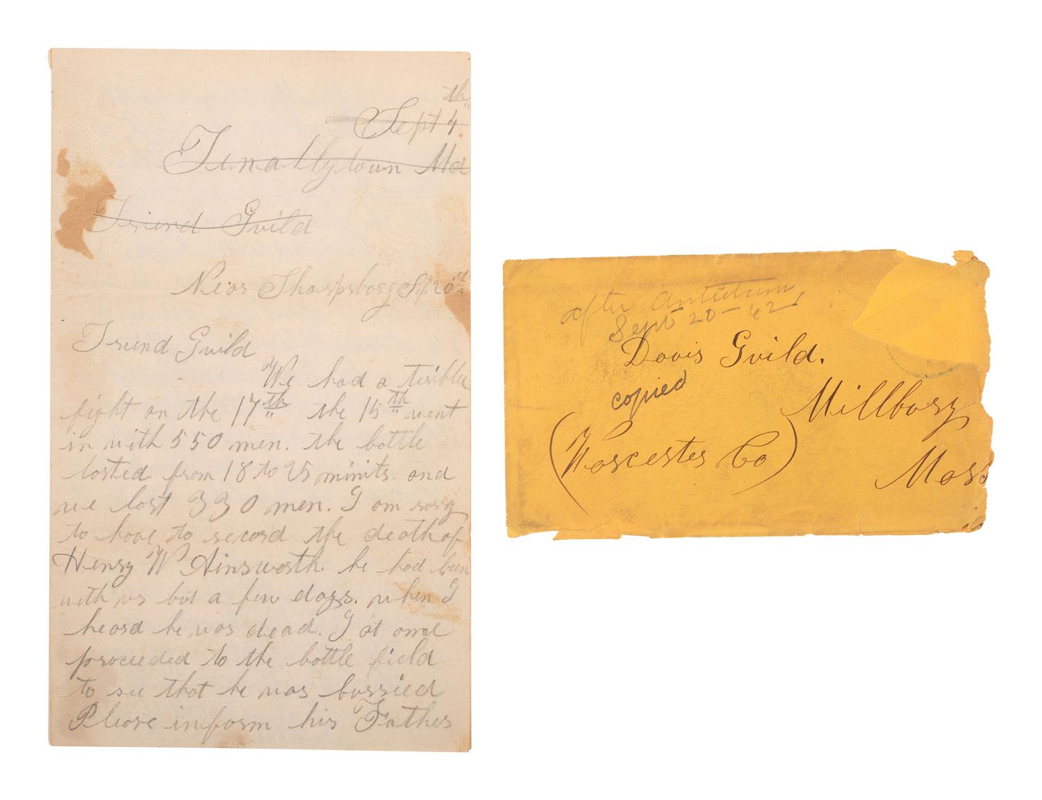 [CIVIL WAR]. Soldier's letter about the Battle of Antietam. "Near Sharpsburg," 20 September [1862].