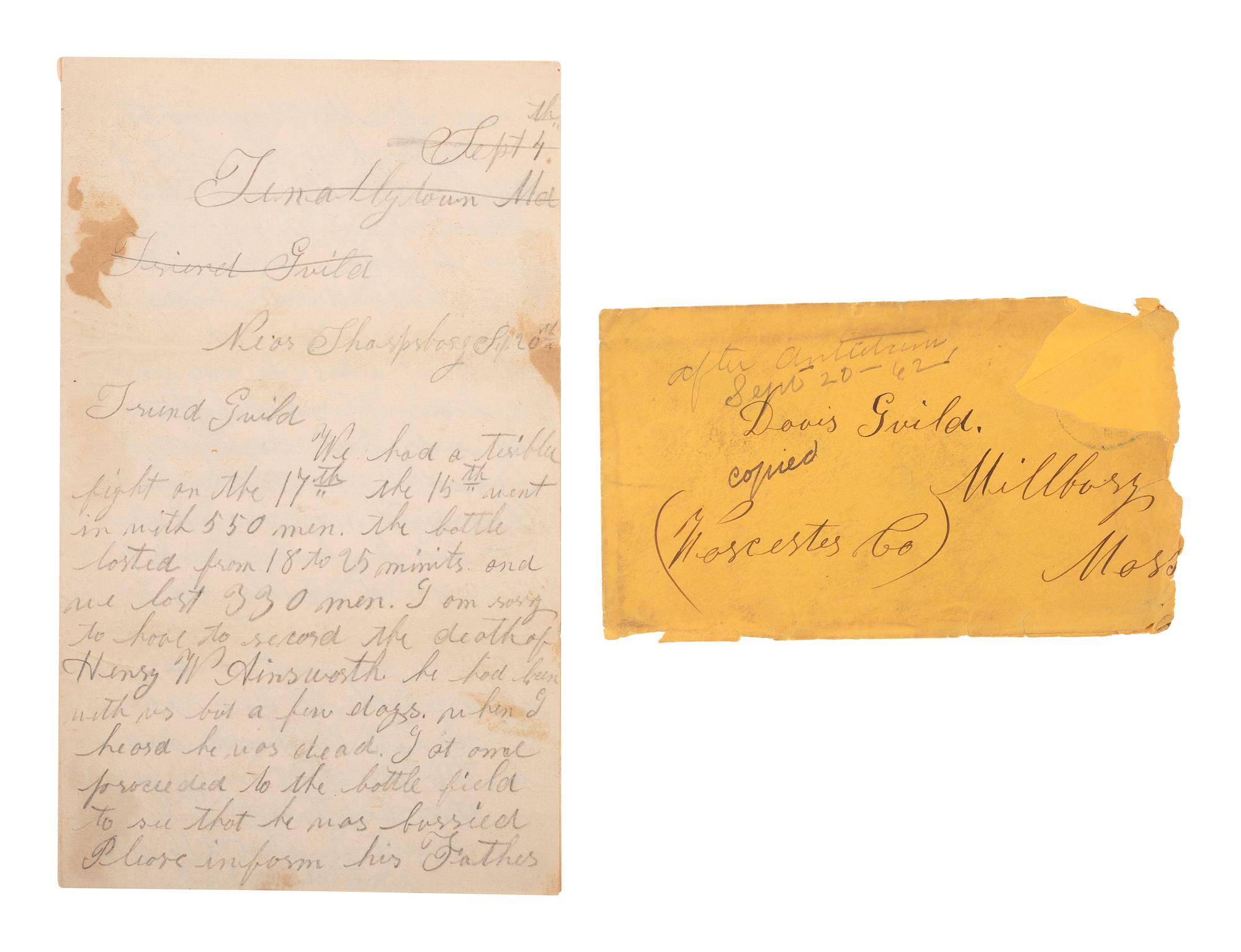 [CIVIL WAR]. Soldier's letter about the Battle of Antietam. "Near Sharpsburg," 20 September [1862].