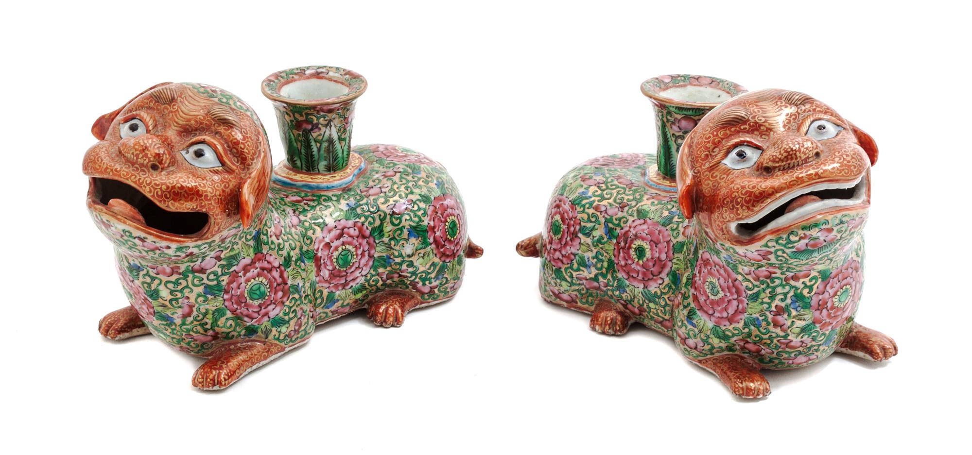 A Pair of Chinese Export Famille Rose Porcelain Candlesticks Length 7 inches. — 19TH CENTURY