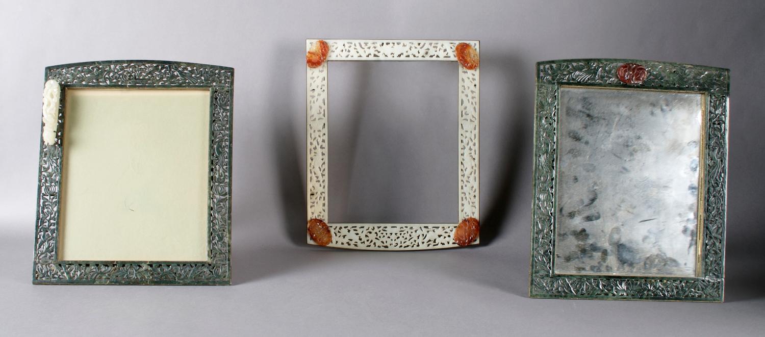 A Collection of Six Carved Jade Frames, Exterior height of largest 15 1/2 x width 13 1/2 inches.