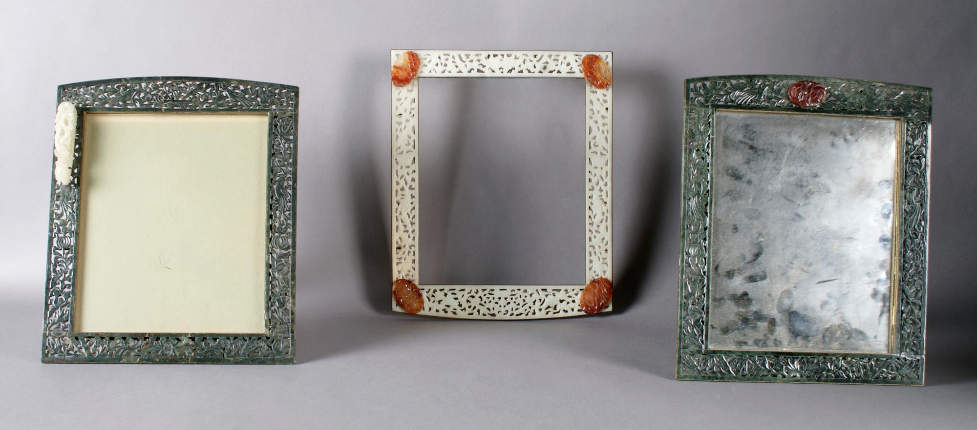 A Collection of Six Carved Jade Frames, Exterior height of largest 15 1/2 x width 13 1/2 inches.