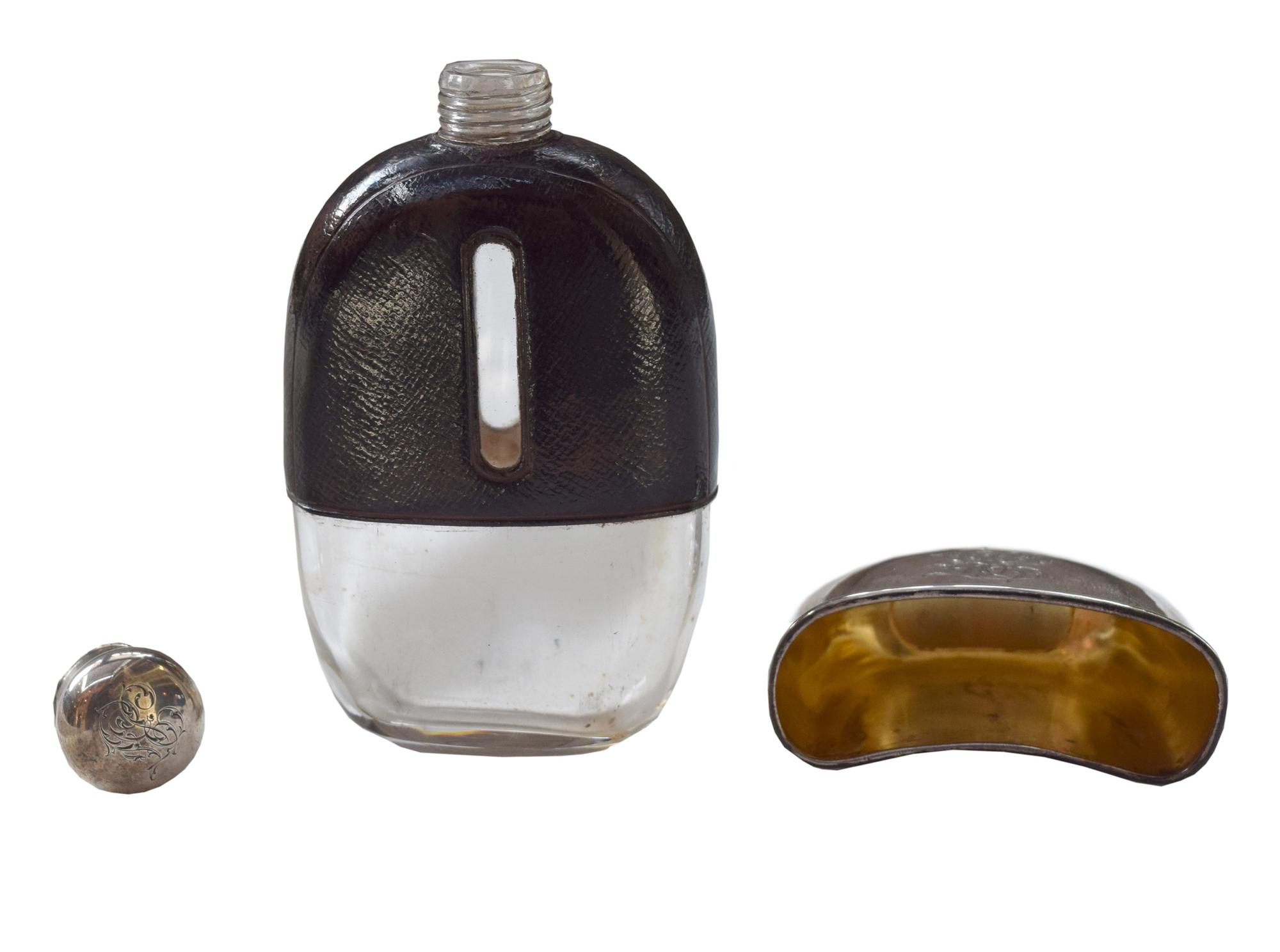 A Silver and Leather Flask, Thomas Jenkins of London 3" W x 1" D x 5.25" H — England, Circa 1812