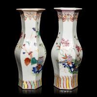 A Pair of Chinese Famille Rose Porcelain Hexagonal 'Bogu' Vases, 19th Century — 清晚期 粉彩博古圖六方瓶一對