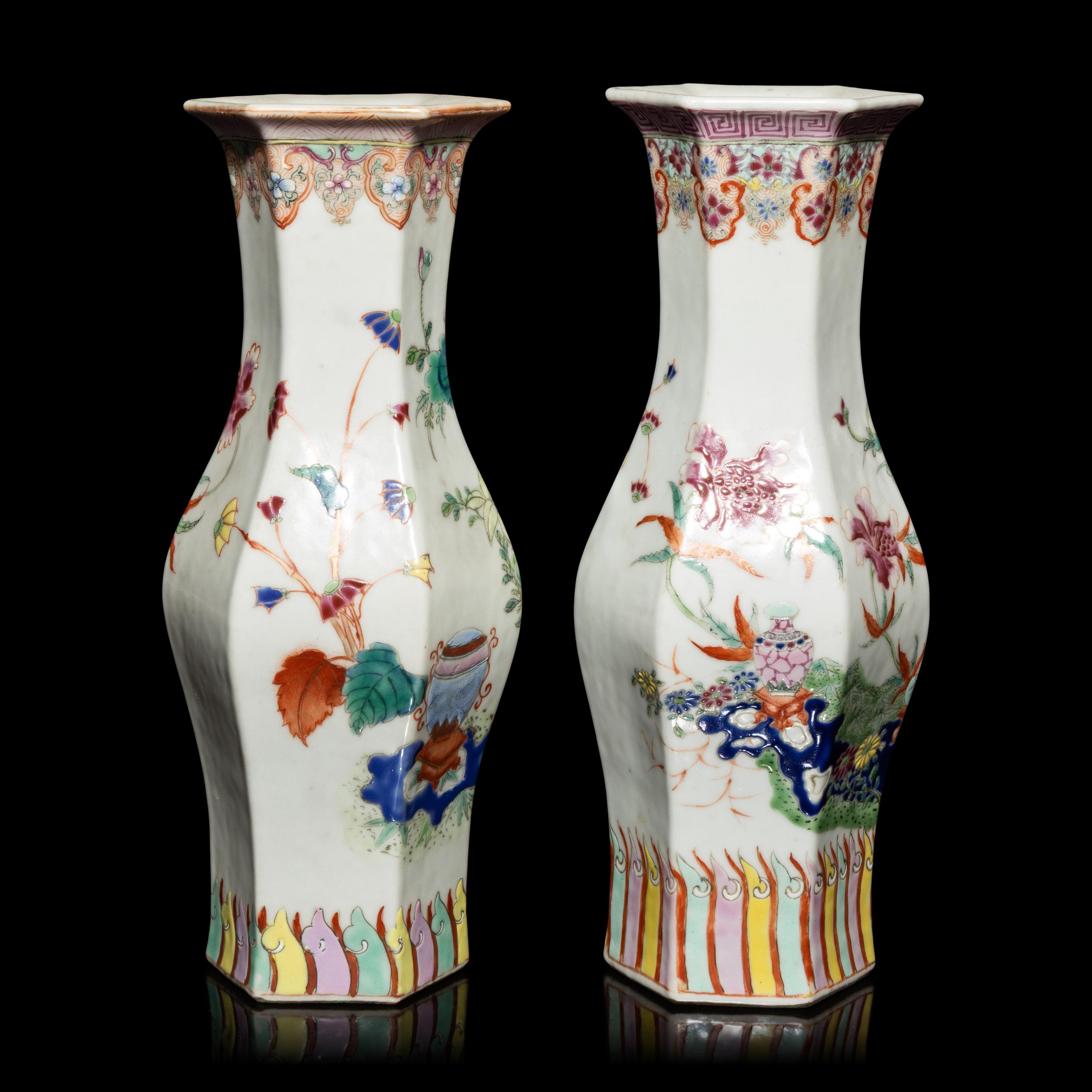 A Pair of Chinese Famille Rose Porcelain Hexagonal 'Bogu' Vases, 19th Century — 清晚期 粉彩博古圖六方瓶一對