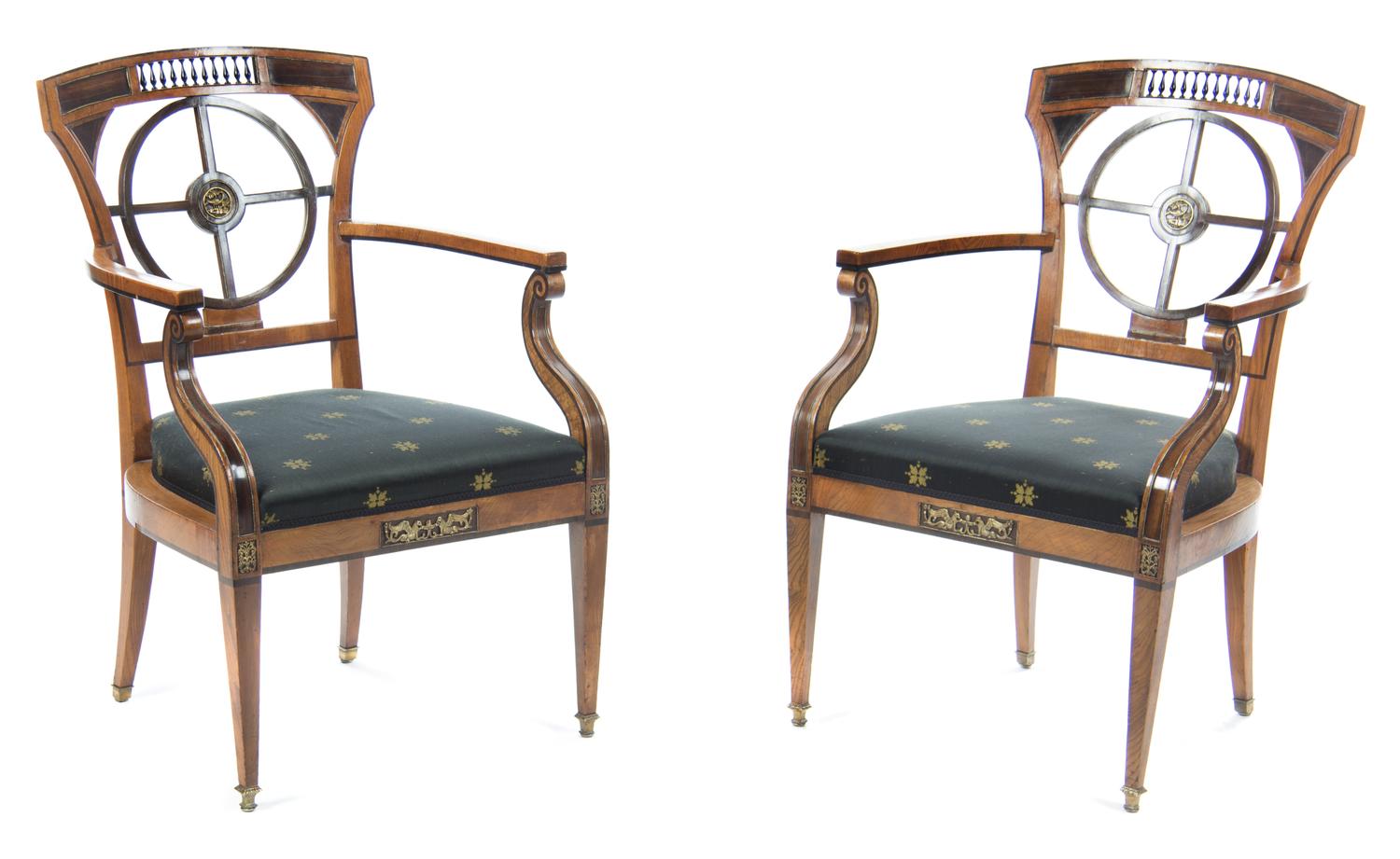 A Pair of Russian Satinwood, Ash and Rosewood Armchairs Height 34 1/2 inches. — EARLY 19TH CENTURY