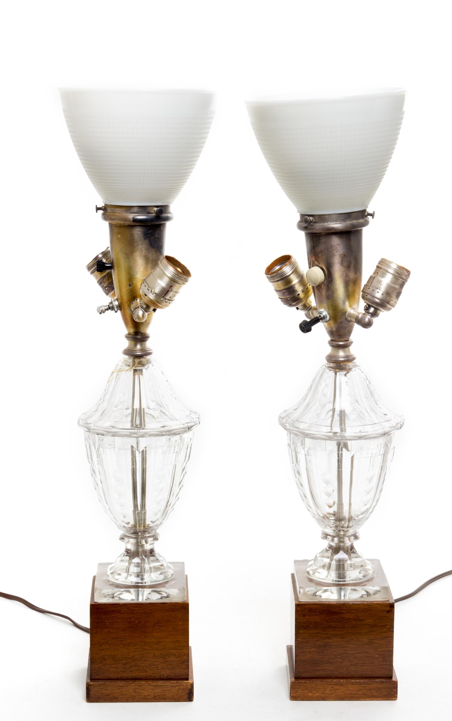 A Pair of English Cut Glass Urns Height overall 25 inches.