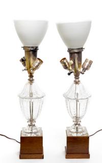 A Pair of English Cut Glass Urns Height overall 25 inches.