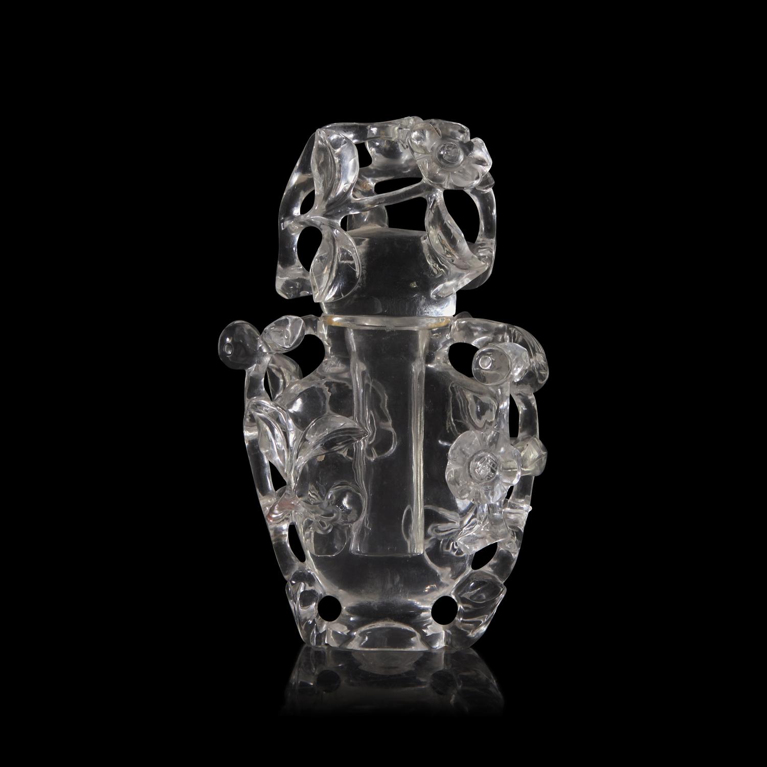 A Small Chinese Carved Rock Crystal 'Prunus and Bird' Covered Vase 雕水晶喜上眉梢小蓋瓶