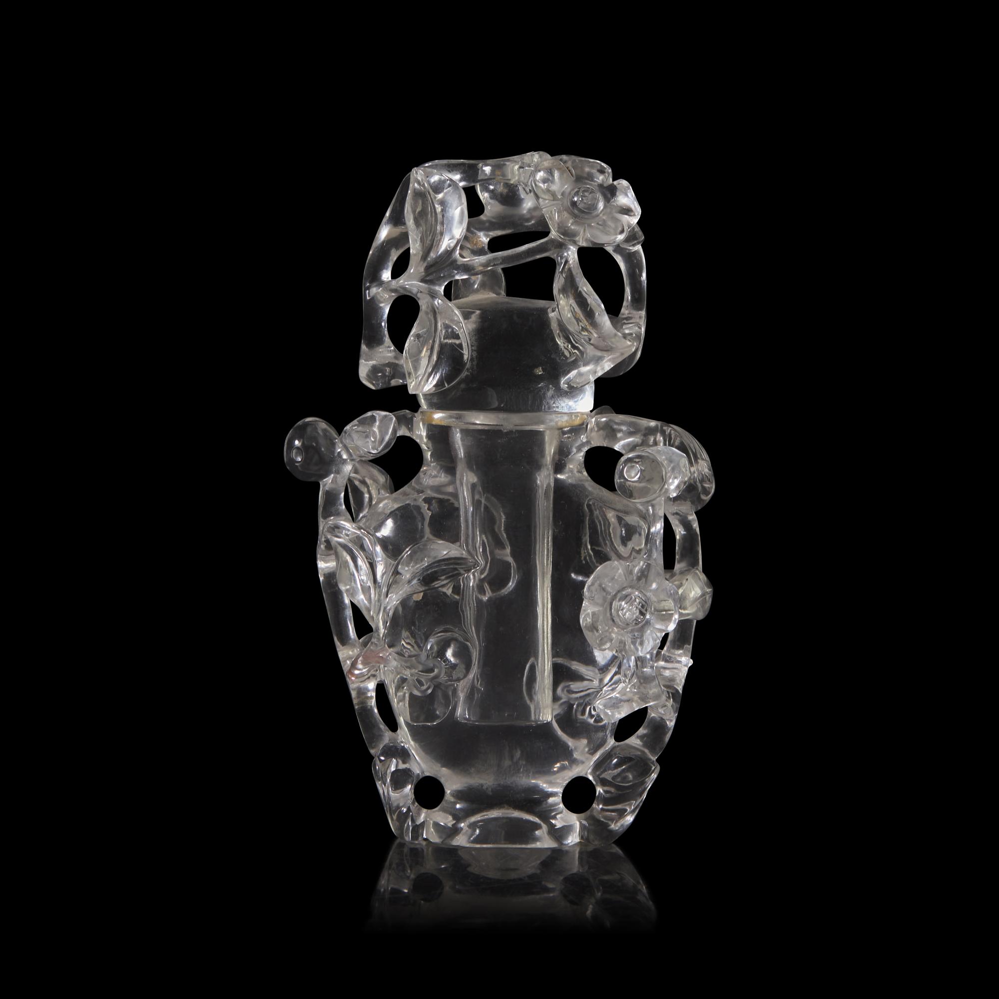 A Small Chinese Carved Rock Crystal 'Prunus and Bird' Covered Vase 雕水晶喜上眉梢小蓋瓶