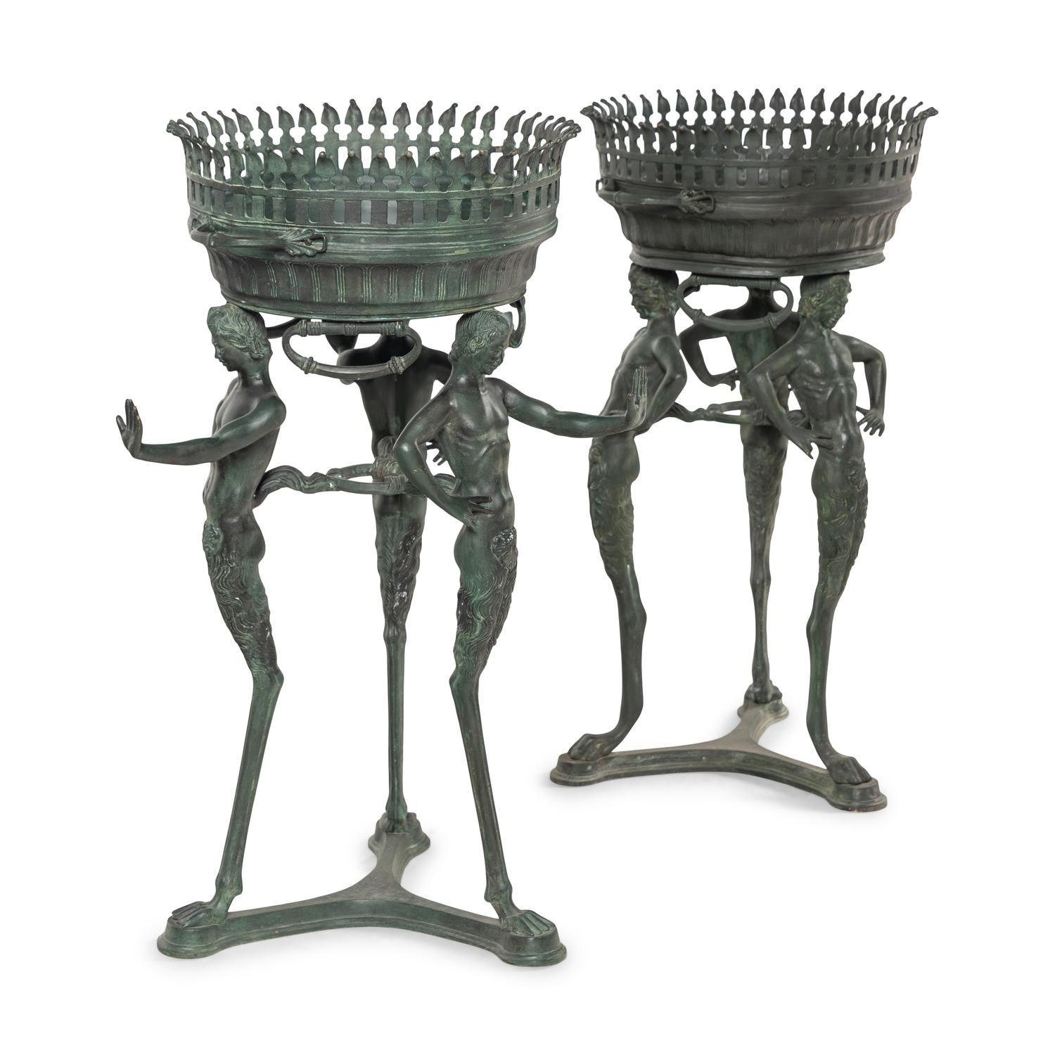 Two Italian Green Patinated Bronze Tripod Athéniennes