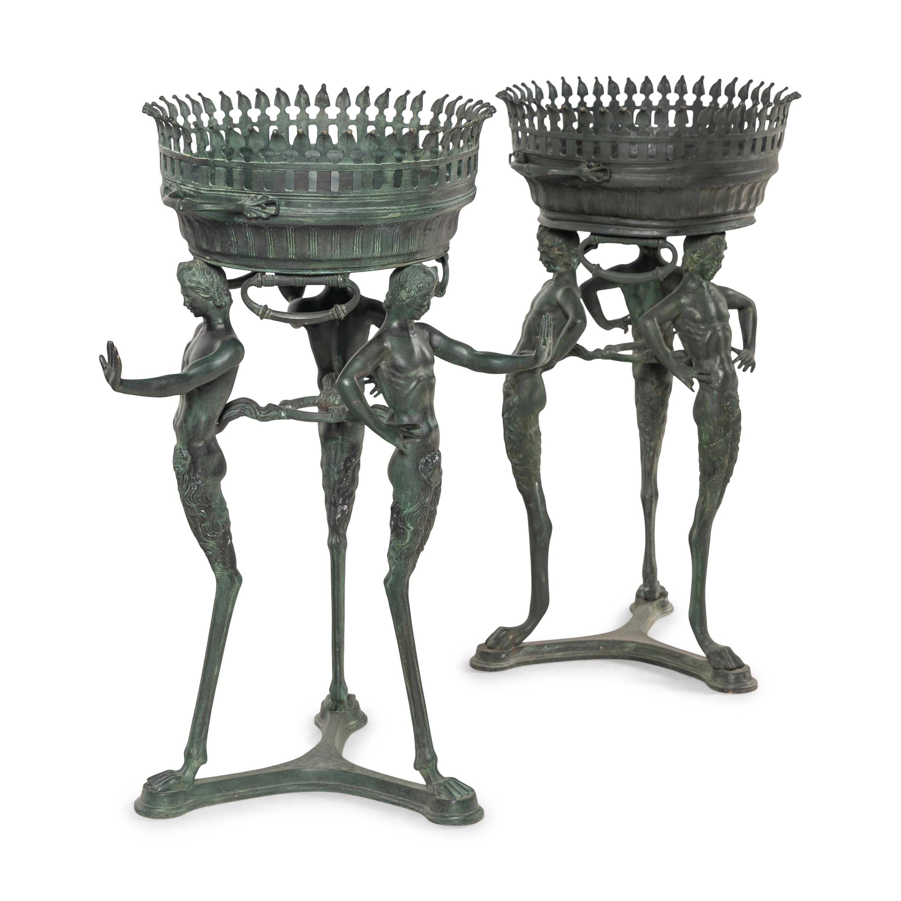 Two Italian Green Patinated Bronze Tripod Athéniennes