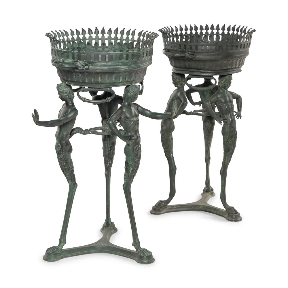 Two Italian Green Patinated Bronze Tripod Athéniennes