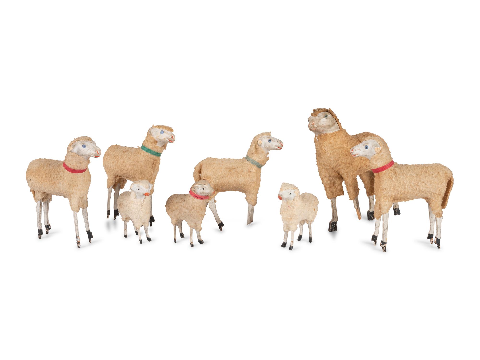 Eight German Wooly Sheep Toys with Stick Legs