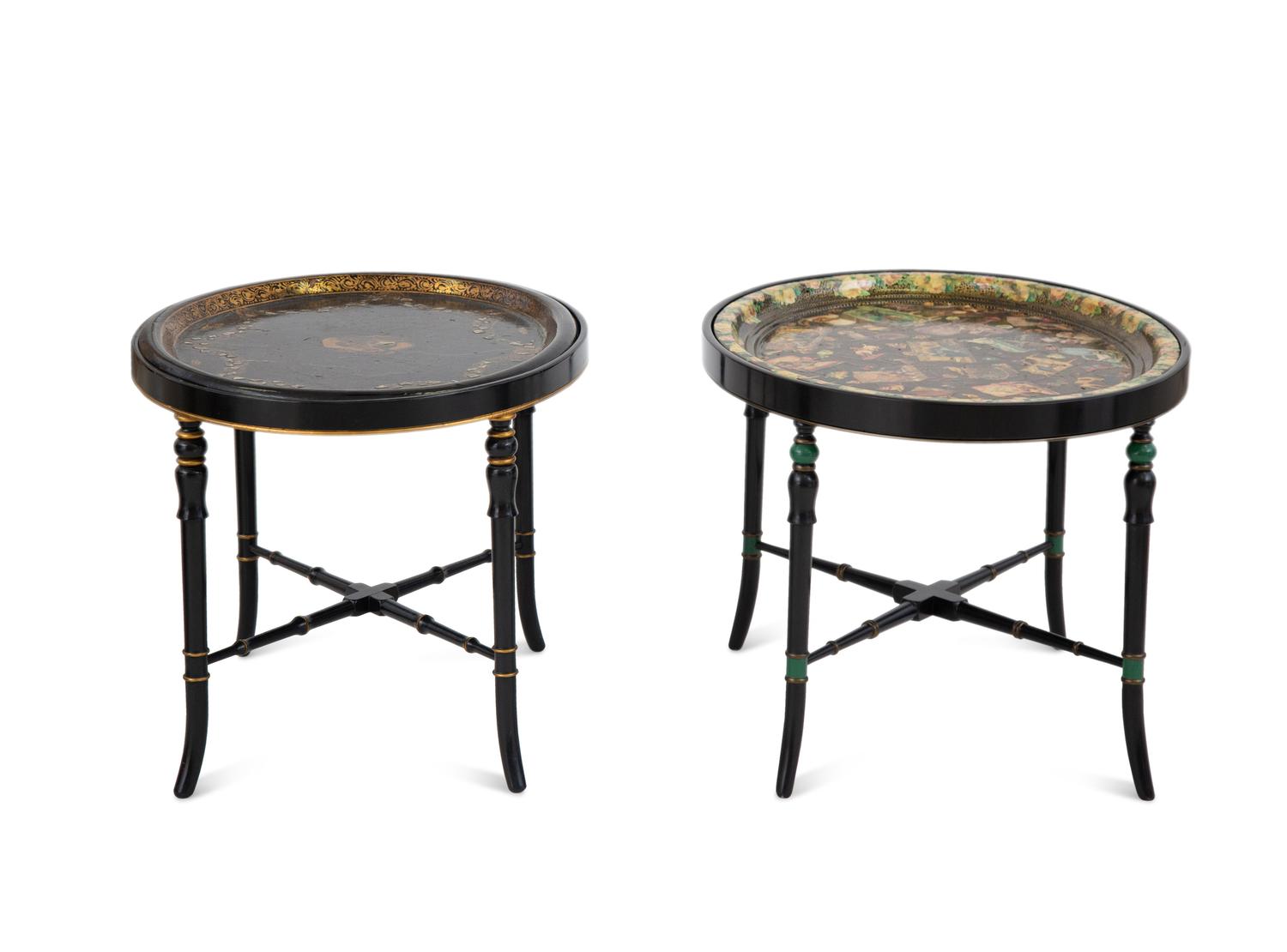 Two English Papier Mache Oval Serving Trays on Ebonized Stands