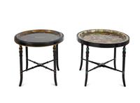 Two English Papier Mache Oval Serving Trays on Ebonized Stands