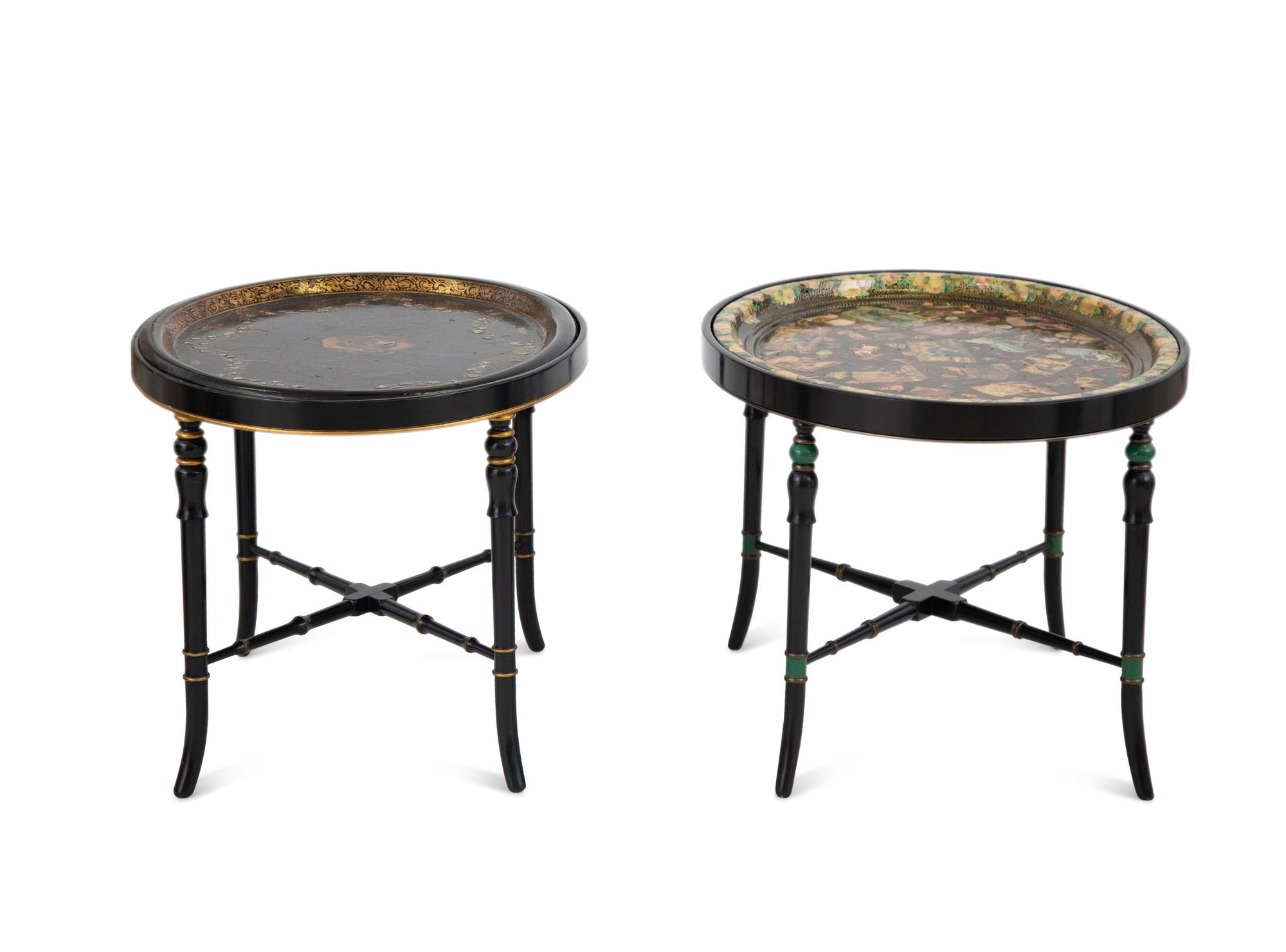 Two English Papier Mache Oval Serving Trays on Ebonized Stands