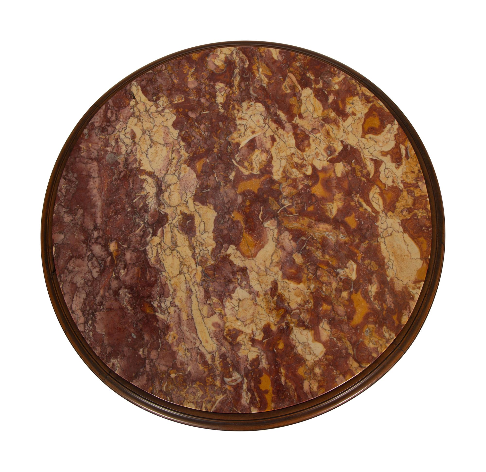 Two Louis XVI Style Carved Walnut Side Tables with Inset Marble Tops