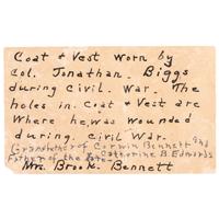 A collection of items identified to Lieutenant Colonel Jonathan Biggs, 123rd Illinois Infantry, “Wilder’s Brigade,” highlighted by bullet-struck frock coat and vest worn during the assault on Selma, Alabama. 2 April 1865.