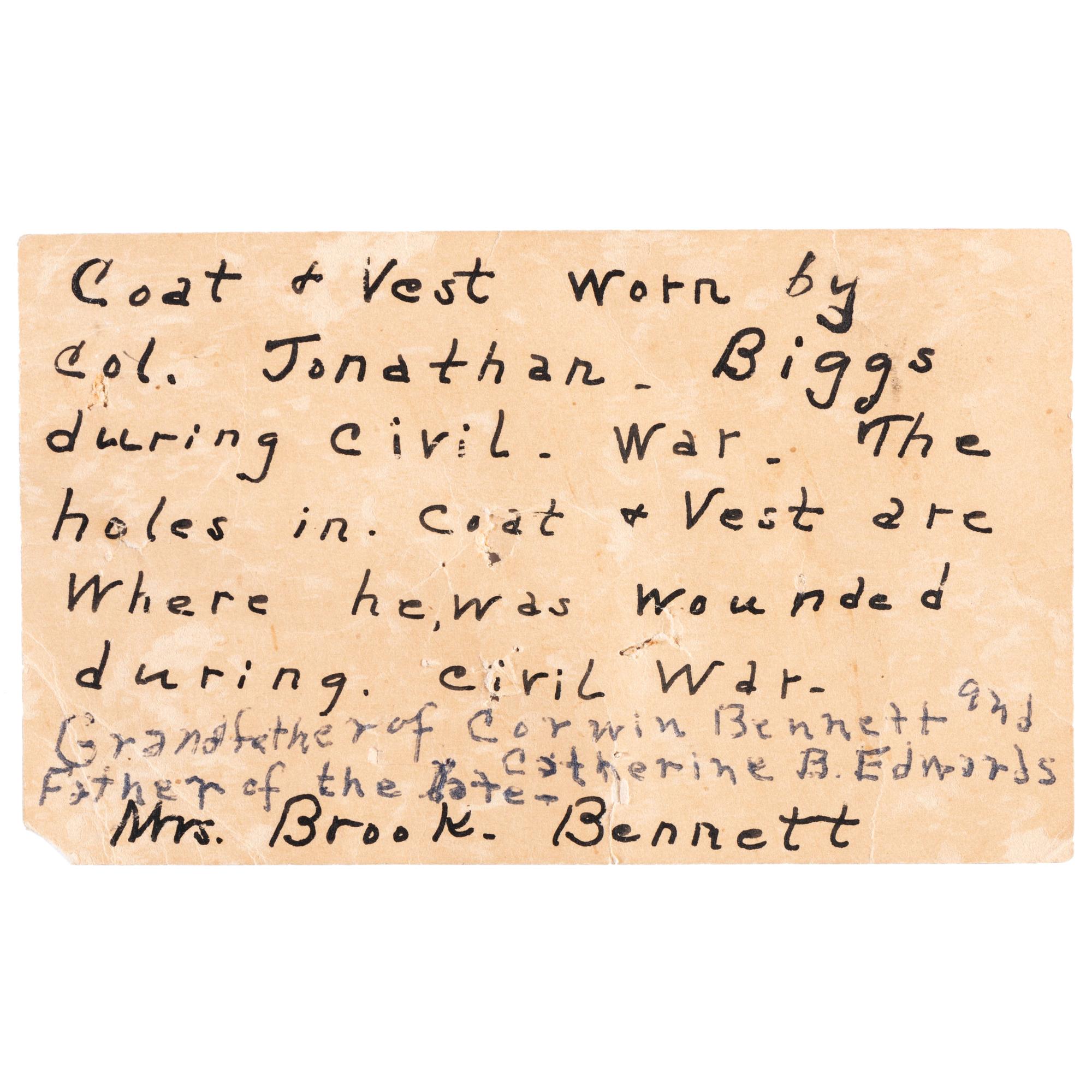 A collection of items identified to Lieutenant Colonel Jonathan Biggs, 123rd Illinois Infantry, “Wilder’s Brigade,” highlighted by bullet-struck frock coat and vest worn during the assault on Selma, Alabama. 2 April 1865.