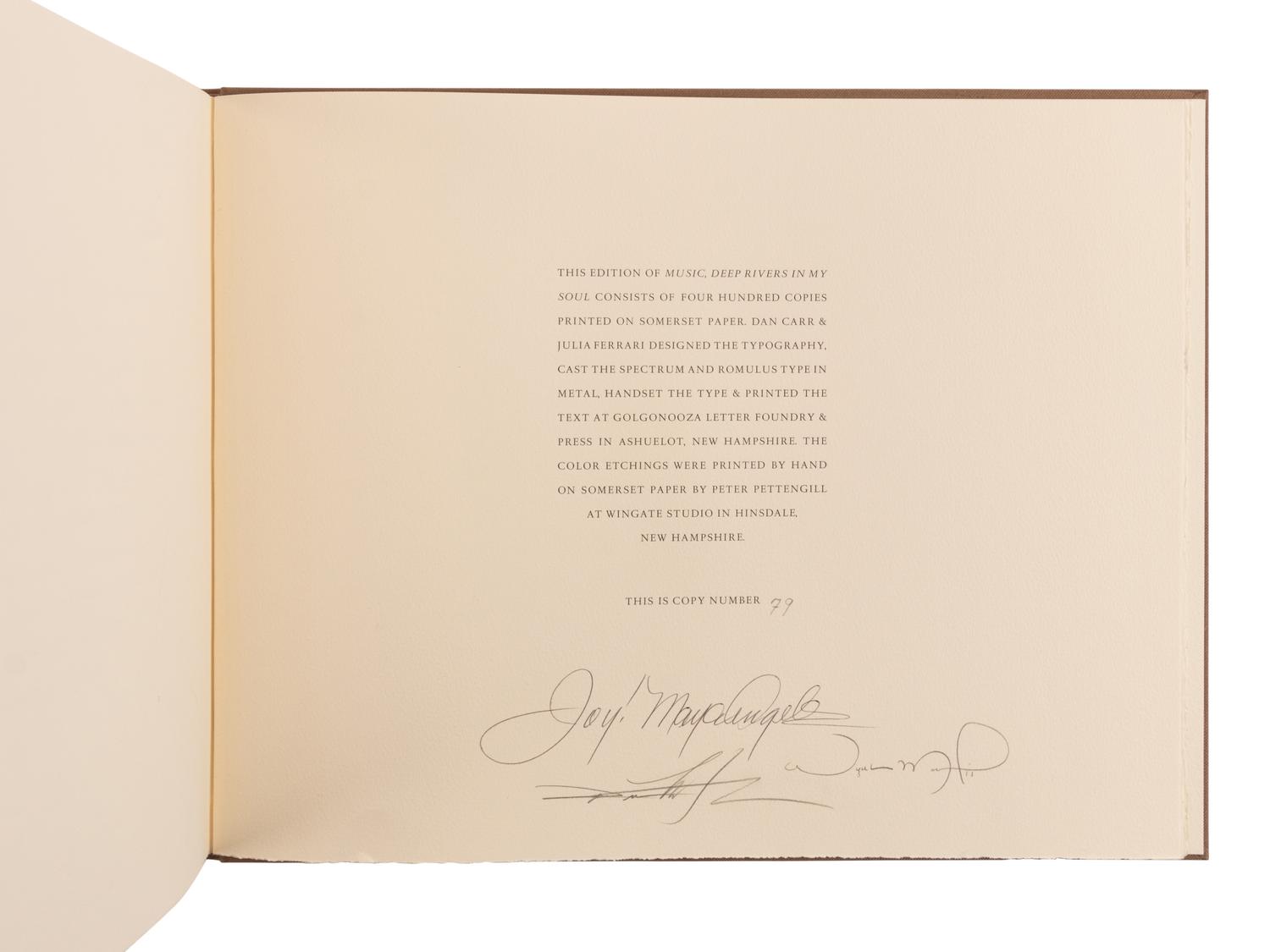 [LIMITED EDITIONS CLUB]. MITCHELL, Dean (b. 1957), illustrator. -- MARSALIS, Wynton (b. 1961), composer. -- ANGELOU, Maya (1928-2014). Music, Deep Rivers in My Soul . New York: The Limited Editions Club, 2003.