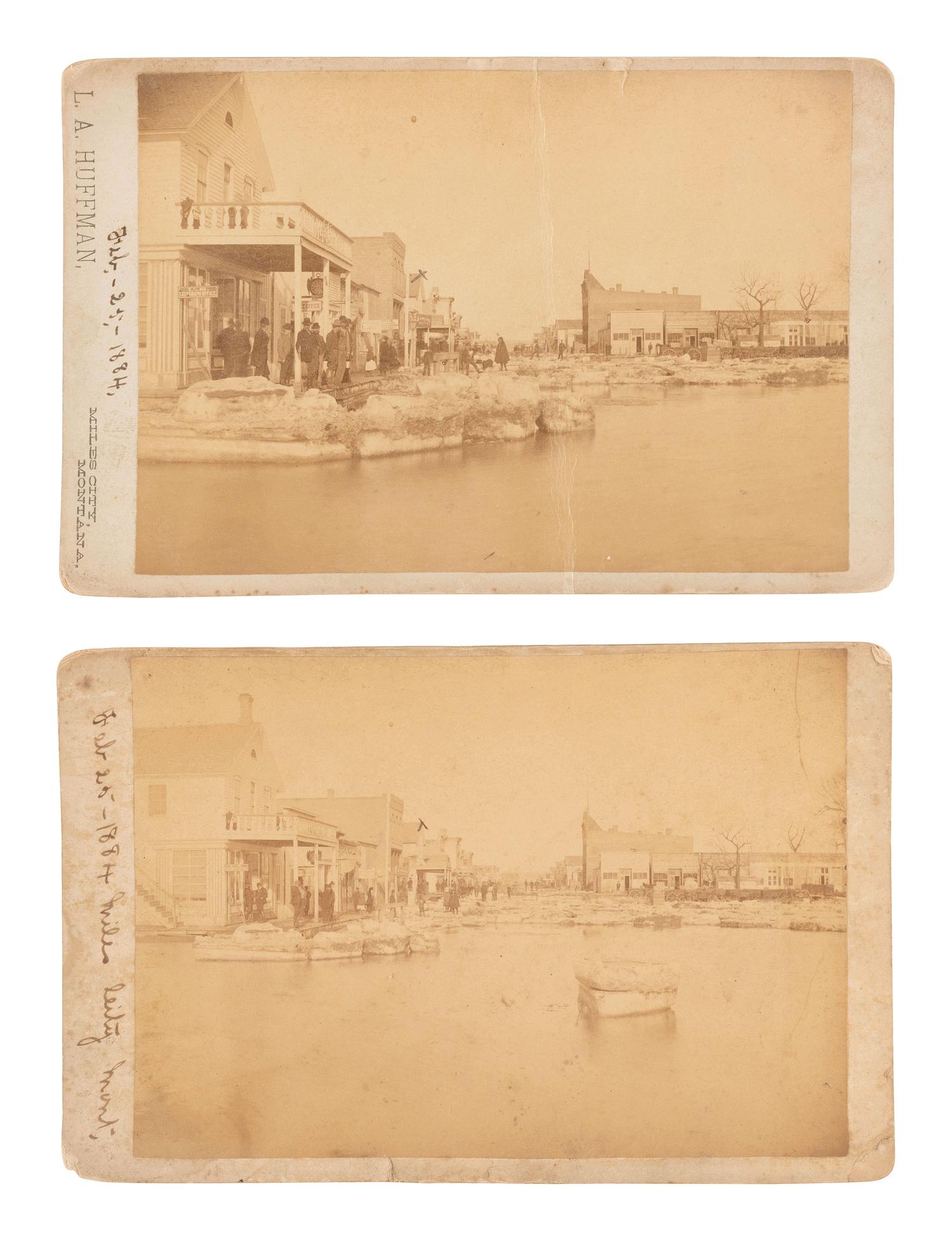 [WESTERN AMERICANA]. 2 cabinet cards ft. aftermath of the Miles City, MT, flood by L.A. Huffman.